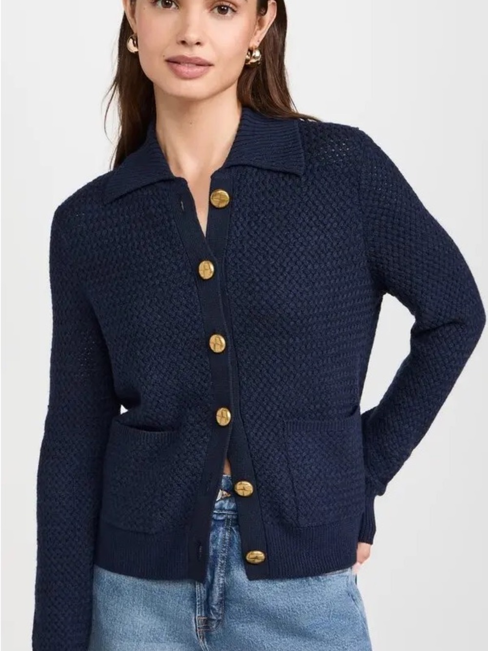 Rag & Bone S Basket Weave Knit Merino Blend Knit Preppy Navy Cardigan Gold